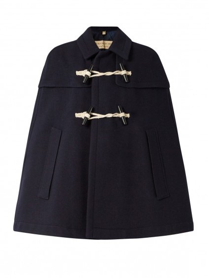 BURBERRY LONDON Capsmore navy blue wool and cashmere-blend duffle cape – designer capes – British made fashion – winter chic – designer outerwear - flipped