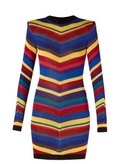 BALMAIN Chevron-striped knitted mini dress. Luxury knits | designer knitwear | knitted bodycon dresses - flipped