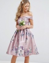 Chi Chi London Off Shoulder Satin Midi Dress In Floral ~ lilac bridesmaid dresses ~ off the shoulder prom style ~ fit and flare ~ flower prints ~ printed fashion ~ occasion wear ~ ideas for bridesmaids ~ feminine style