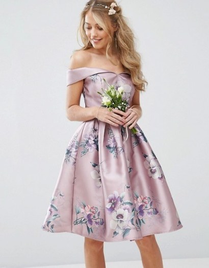 Chi Chi London Off Shoulder Satin Midi Dress In Floral ~ lilac bridesmaid dresses ~ off the shoulder prom style ~ fit and flare ~ flower prints ~ printed fashion ~ occasion wear ~ ideas for bridesmaids ~ feminine style - flipped