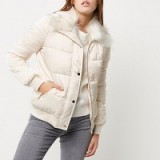 River Island Cream faux fur trim padded jacket – warm winter jackets – stylish coats – fluffy collar