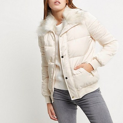 River Island Cream faux fur trim padded jacket – warm winter jackets – stylish coats – fluffy collar - flipped
