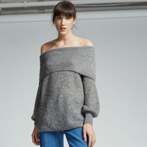 warehouse DEEP BARDOT MOHAIR JUMPER ~ grey off the shoulder jumpers ~ luxe style sweaters ~ on trend knitwear ~ casual weekend fashion ~ stylish & feminine - flipped