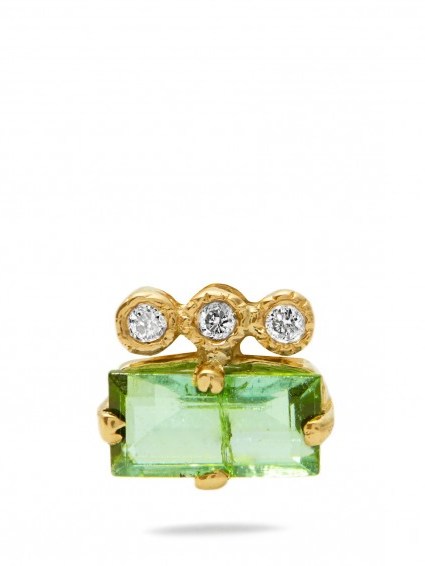 JACQUIE AICHE Diamond, tourmaline & yellow-gold earring. Small neat jewellery | green gemstones | dainty gemstone jewellery | tiny luxe accessories | single stud earrings - flipped