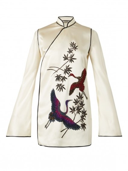 ATTICO Elena heron-embellished ivory satin kimono dress. Luxe mini dresses | oriental style tunics | mandarin collar | high neck | luxury fashion - flipped