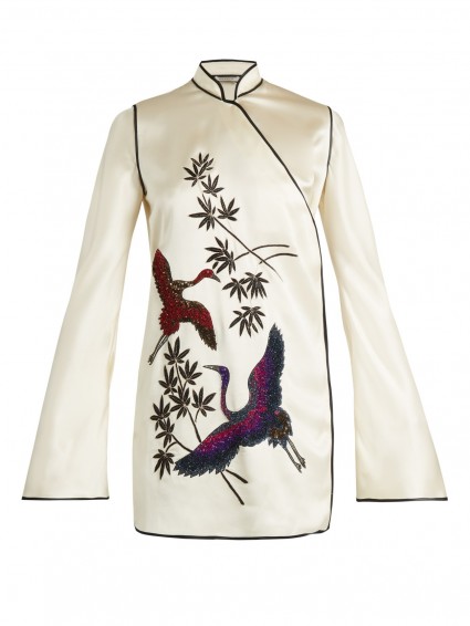 ATTICO Elena heron-embellished ivory satin kimono dress. Luxe mini dresses | oriental style tunics | mandarin collar | high neck | luxury fashion