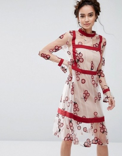 Endless Rose Floral Embroidered Dress ~ flower embroidery ~ pretty feminine dresses ~ sheer fabrics ~ red and white ~ stylish fashion - flipped