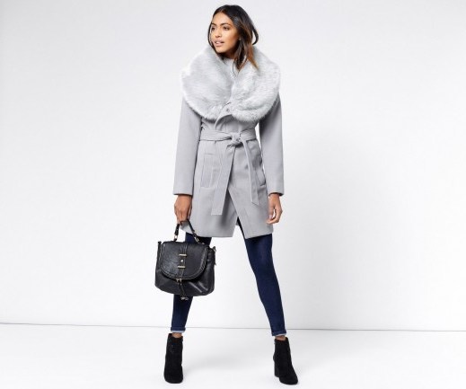 OASIS FAUX FUR COLLAR COAT – chic grey coats – winter fashion – luxe style fur collars - flipped