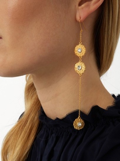 SONIA RYKIEL Flower-motif drop earrings ~ long floral earrings ~ crystal jewellery ~ statement accessories - flipped