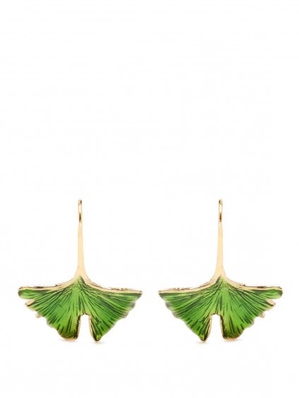 AURÉLIE BIDERMANN Ginkgo lacquered gold-plated earrings. Green and gold drop earrings | designer jewellery | leaf earrings | luxe accessories - flipped