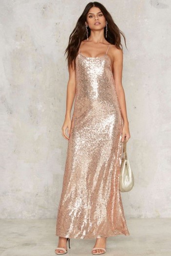 Glamorous Liv Sequin Maxi Dress – glamour & glitz – glamorous evening dresses – long embellished evening wear – rose gold sequins – strappy criss cross back – thin straps - flipped