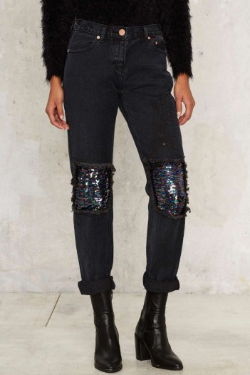 Glamorous Weak in the Knees Sequin Jeans. Black denim | sequins | sequined embellished patches | casual glamour - flipped