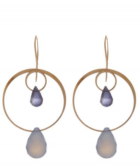 Melissa Joy Manning Gold Blue Chalcedony Two Drop Earrings. Gemstone jewellery | 14 carat - flipped