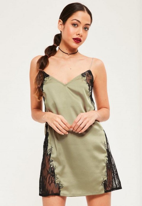 MISSGUIDED green silky eyelash embroidered shift dress. Slip dresses | cami | strappy | sheer black lace | evening fashion | on-trend - flipped