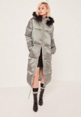 Missguided grey longline satin padded coat – long winter coats – warm stylish fashion ~ faux fur trim hood