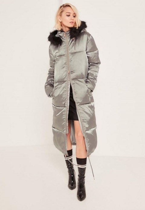 Missguided grey longline satin padded coat – long winter coats – warm stylish fashion ~ faux fur trim hood - flipped