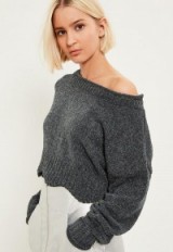 Missguided grey off shoulder cosy mix jumper – cropped jumpers – scalloped hem sweaters – chic knitwear – affordable winter fashion – luxe style tops – off the shoulder