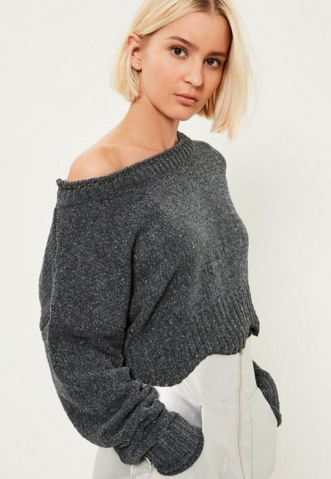 Missguided grey off shoulder cosy mix jumper – cropped jumpers – scalloped hem sweaters – chic knitwear – affordable winter fashion – luxe style tops – off the shoulder - flipped