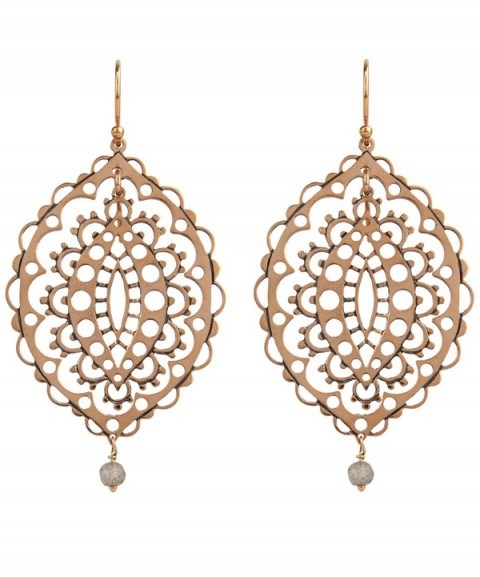 Lurent Gandini Guidecca Labradorite Earrings. Large drop earrings | statement jewellery | 18ct rose gold | lace style design | bohemian look - flipped