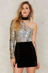 Jaded London Choke Signals Sequin Bodysuit – sequined bodysuits – one shoulder – gold and silver sequins – sequin embellished fashion – going out glamour – party glitz