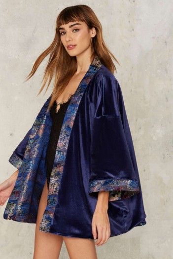 Jaded London Ren Reversible Jacquard Kimono. Oriental style fashion and prints | luxe style kimonos | floral printed jackets | blue velvet