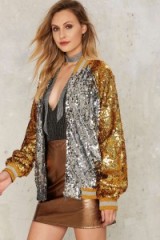 Jaded London Souvenir Bomber Jacket – sequined jackets – gold and silver sequins – sequin embellished fashion – glamour & glitzy – evening glitz – going out – shimmering – high shine