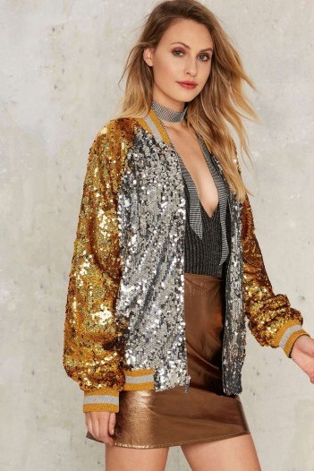 Jaded London Souvenir Bomber Jacket – sequined jackets – gold and silver sequins – sequin embellished fashion – glamour & glitzy – evening glitz – going out – shimmering – high shine - flipped