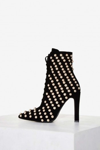 Jeffrey Campbell Elphaba Embellished Suede Boot – black pearl embellished ankle boots – stiletto heel – high heels – statement fashion - flipped