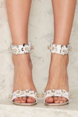 Jeffrey Campbell Obus Leather Heel – white leather floral embellished sandals – flower embellishments – cute high heels – ankle strap shoes – wide straps