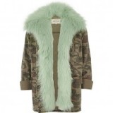 River Island Khaki camo mint faux fur lined army jacket – fluffy jackets – casual winter fashion – camouflage print – on trend coats
