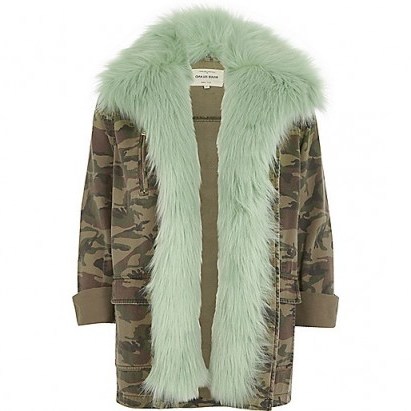 River Island Khaki camo mint faux fur lined army jacket – fluffy jackets – casual winter fashion – camouflage print – on trend coats - flipped