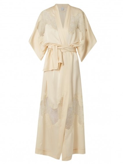 CARINE GILSON Lace-insert long cream silk-satin kimono. Oriental style fashion | luxe style kimonos | luxury night gowns | designer lounge wear - flipped
