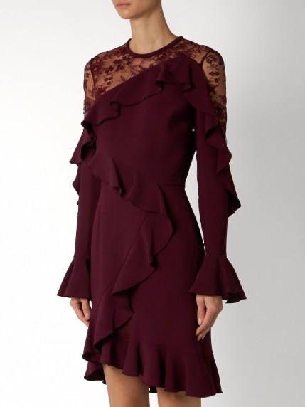 ELIE SAAB Lace-insert ruffle-trimmed dress mulberry-purple ~ ruffled dresses ~ designer occasion wear ~ evening fashion ~ effortlessly stylish event clothing ~ feminine - flipped