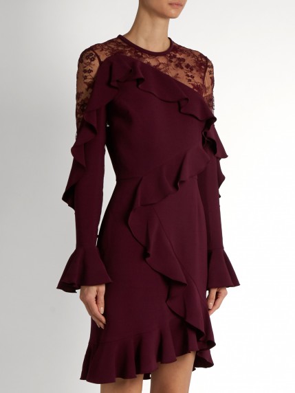 ELIE SAAB Lace-insert ruffle-trimmed dress mulberry-purple ~ ruffled dresses ~ designer occasion wear ~ evening fashion ~ effortlessly stylish event clothing ~ feminine