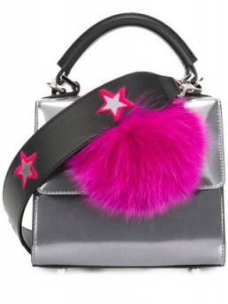LES PETITS JOUEURS Bunny Micro Alex shoulder bag – small silver metallic and black bags – little luxuries – designer leather handbags – top handle – pom pom - flipped