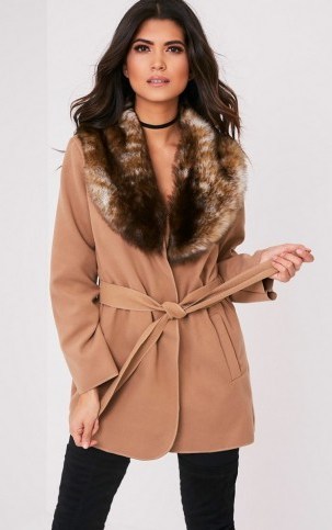 pretty little thing LYDIA CAMEL FAUX FUR TRIMMED BELTED COAT. Winter coats | affordable style | on-trend fashion - flipped