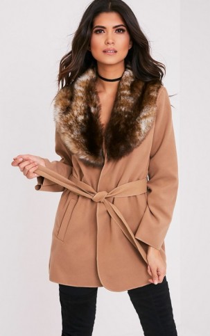 pretty little thing LYDIA CAMEL FAUX FUR TRIMMED BELTED COAT. Winter coats | affordable style | on-trend fashion