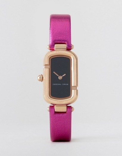 Marc Jacobs Metallic Pink Leather Watch ~ womens watches ~ stylish shape ~ ladies accessories ~ luxe style ~ hot pink watch strap - flipped