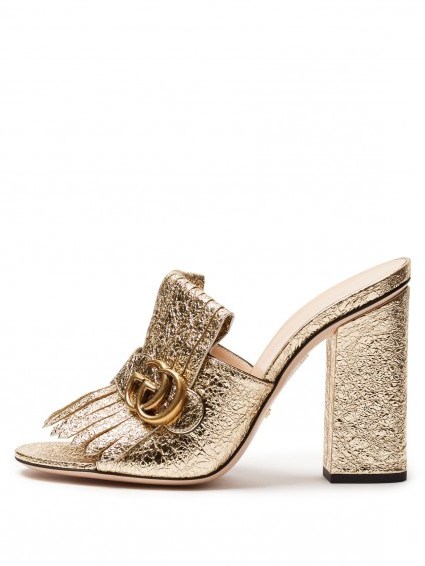 GUCCI Marmont fringed leather sandals ~ gold luxe ~ peep toe loafers ~ luxury designer shoes ~ block heel mules ~ high heels ~ chic footwear ~ glamour - flipped