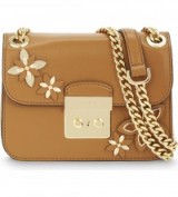 MICHAEL MICHAEL KORS Floral leather cross-body bag in Acorn ~ small crossbody bags ~ designer accessory ~ flower appliqué handbags ~ brown/tan