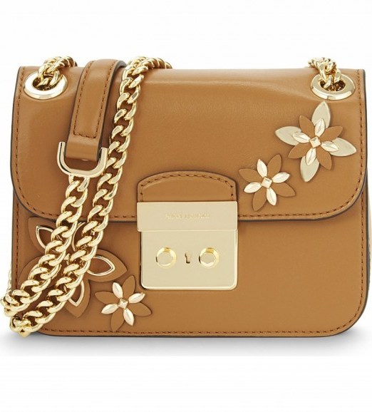 MICHAEL MICHAEL KORS Floral leather cross-body bag in Acorn ~ small crossbody bags ~ designer accessory ~ flower appliqué handbags ~ brown/tan - flipped