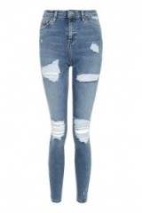 MOTO Blue Super Rip Jamie Jeans. Blue denim skinny jeans | on-trend casual fashion | ripped style | destroyed