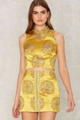 Nasty Gal Collection Forbidden City Jacquard Mini Skirt ~ shiny luxe skirts ~ mustard-yellow silky fabric ~ luxury style fashion