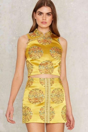 Nasty Gal Collection Forbidden City Jacquard Mini Skirt ~ shiny luxe skirts ~ mustard-yellow silky fabric ~ luxury style fashion - flipped