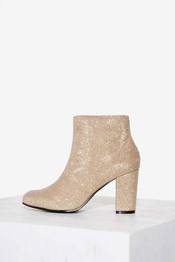 Nasty Gal Outshine Ankle Boot – gold lurex boots – block heel footwear – chunky heels – glittering feet – shimmering – glamour & glitzy - flipped