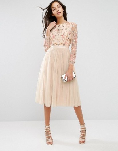 Needle & Thread Ditsy Scatter Tulle Midi Dress ~ petal pink occasion dresses ~ floral embellished ~ bead and pearl embellishments ~ fashion for special occasions - flipped