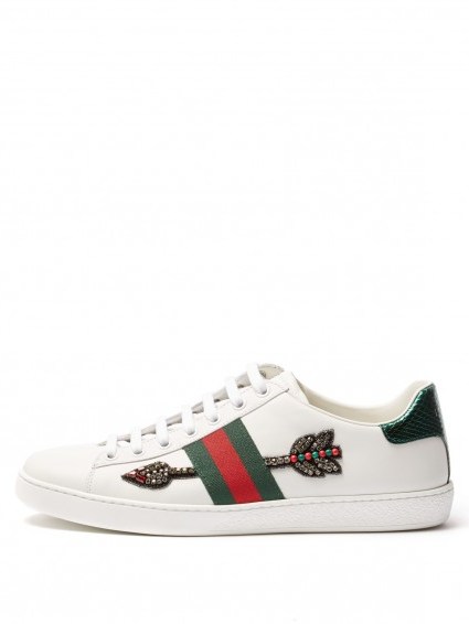 GUCCI New Ace arow-embroidered leather trainers ~ sports luxe ~ embellished designer sneakers ~ luxury sport shoes ~ casual fashion ~ sportswear - flipped