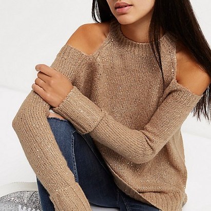 River Island Nude sequin cold shoulder jumper – stylish knitwear – winter fashion – on trend jumpers – shimmering sequins – sequined sweaters - flipped