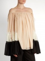 CHLOÉ Off-the-shoulder silk-crepon blouse ~ luxe fashion ~ designer blouses ~ nude pink tops ~ feminine style ~ luxury looks ~ boho chic