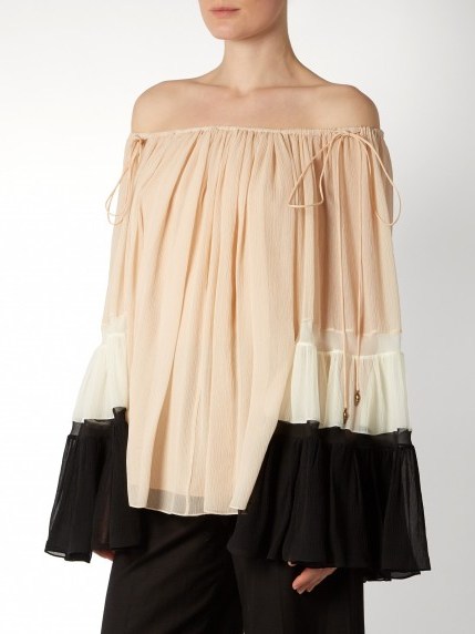 CHLOÉ Off-the-shoulder silk-crepon blouse ~ luxe fashion ~ designer blouses ~ nude pink tops ~ feminine style ~ luxury looks ~ boho chic - flipped